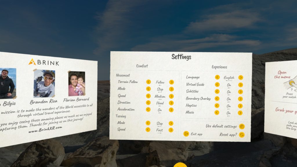 Three information cards from the menu. The first shows the creators of the app, the second card shows settings, the third card is mostly obscured and presents some help information.