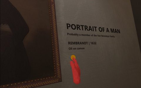 A hand reaches for a button on a wall. Above the button is the text "Portrait of a Man, Probably a member of the Van Beresteyn family, Rembrandt, 1632, Oil on canvas"