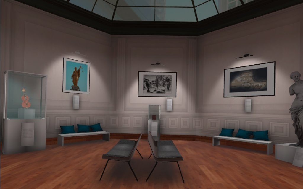Three paintings, a book, a statue, and a musical instrument in a museum-like setting
