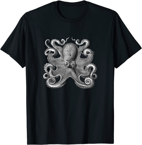 Black t-shirt with an octopus design in the style of a woodcut