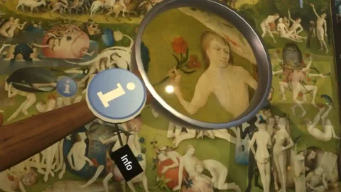 A closeup view of the Garden of Earthly Delights with a magnifying glass indicating additional information.