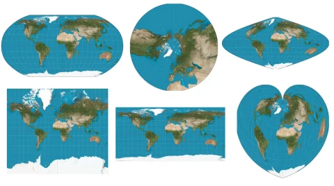 Six examples of projecting the sphere of Earth to flat maps