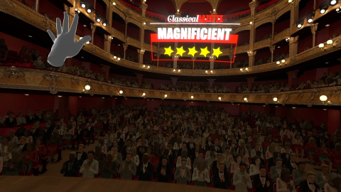 Looking back at the audience in a grand theater. Above the people is an overlay providing a rating. It reads "Classical Gazette", "Magnificent" and five stars are shown.