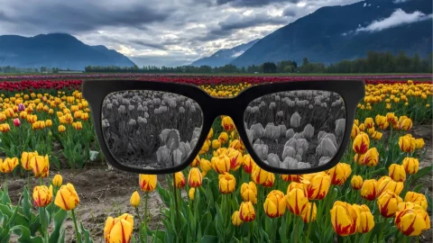 An eyeglass frame is superimposed over a colorful field of flowers. The image through the lenses is black and white.