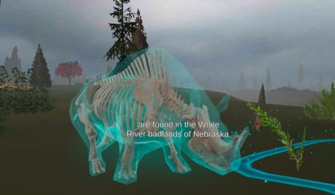 A skeleton of an ancient rhinoceros shown with an overlay of its skin, surrounded by a recreation of its natural environment