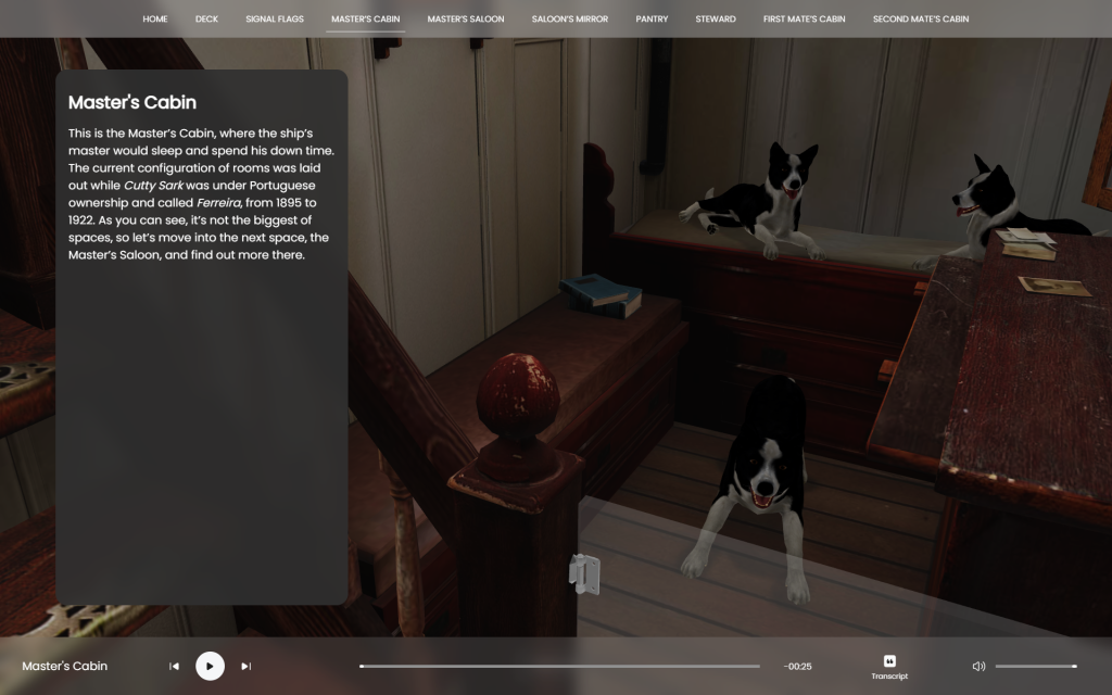 A view of the immersive viewer showing an area labeled "Master's Cabin" along with description text. The cabin area contains three dogs.